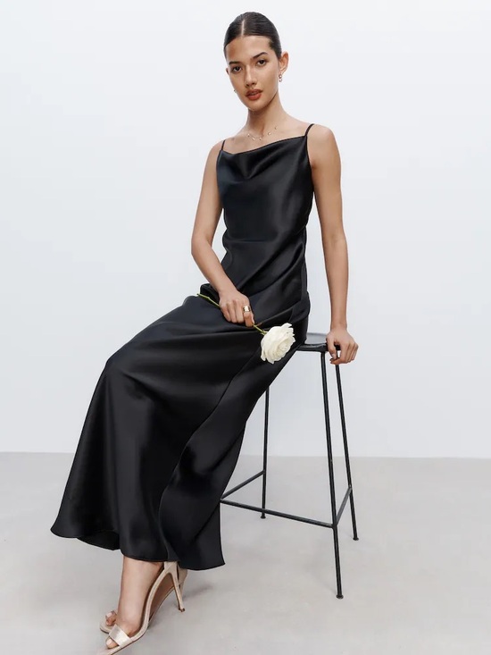Dresses & Skirts - Black Satin Slip Maxi Dress - Elegant Women's Evening Dress
